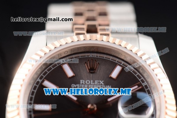 Rolex Datejust Clone Rolex 3135 Automatic Two Tone Case/Bracelet with Stick Markers and Grey Dial (BP) - Click Image to Close